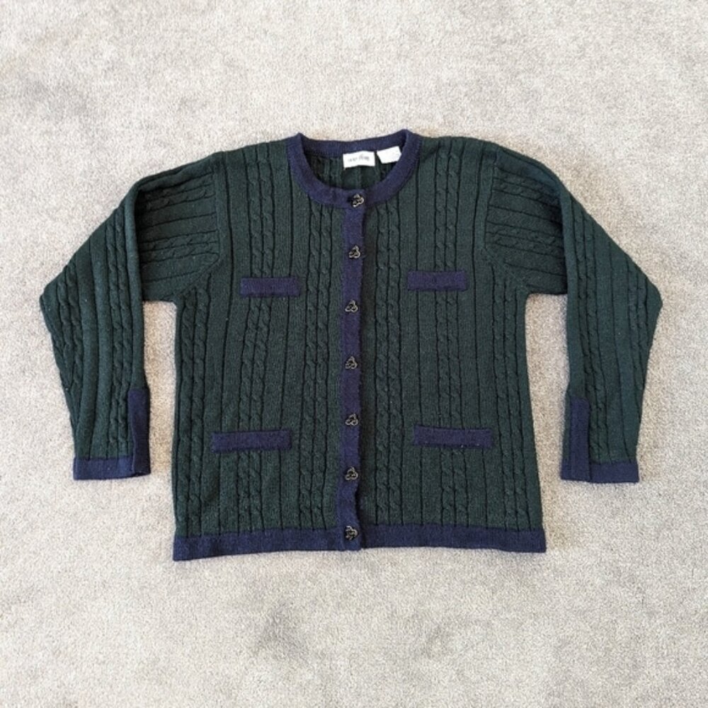 Laura Petites Vintage Wool Cardigan Women's Medium Green and Blue Bead Buttons
